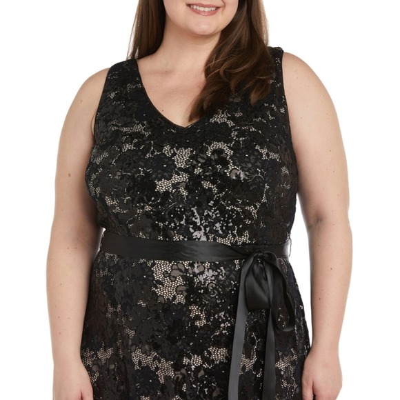 R&M Richards Black and Nude Lace Tied Waist V-Neck Maxi Dress Plus Size 18W New! - Picture 3 of 11